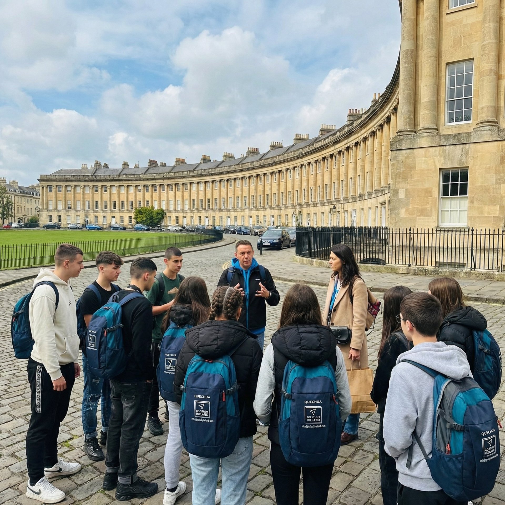 Group of students with blue backpacks listening to a tour guide in front of historic Georgian crescent architecture