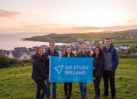 Group of students holding a GO STUDY IRELAND banner on a hillside overlooking a coastal Irish village at sunset
