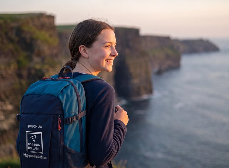 Woman wearing blue backpack smiling while looking out at coastal cliffs overlooking the ocean