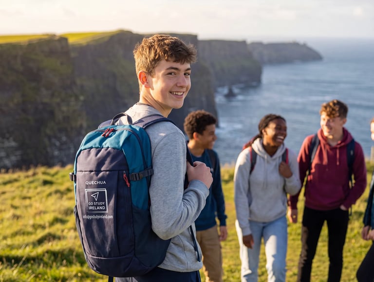 Smiling young man with backpack looking over shoulder at Cliffs of Moher with group of tourists behind him on grassy cliff edge