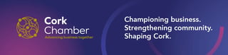 Cork Chamber logo and tagline: Championing business. Strengthening community. Shaping Cork on purple background