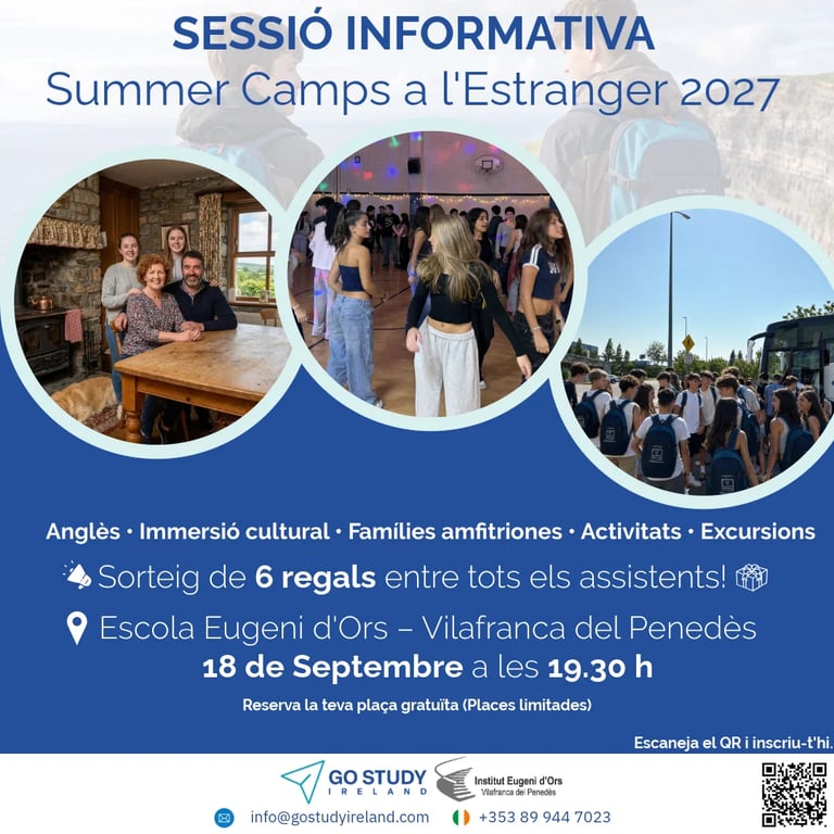 Promotional poster for Summer Camps in Estranger 2027 featuring cultural immersion, activities and excursions. Event details and registration information included.