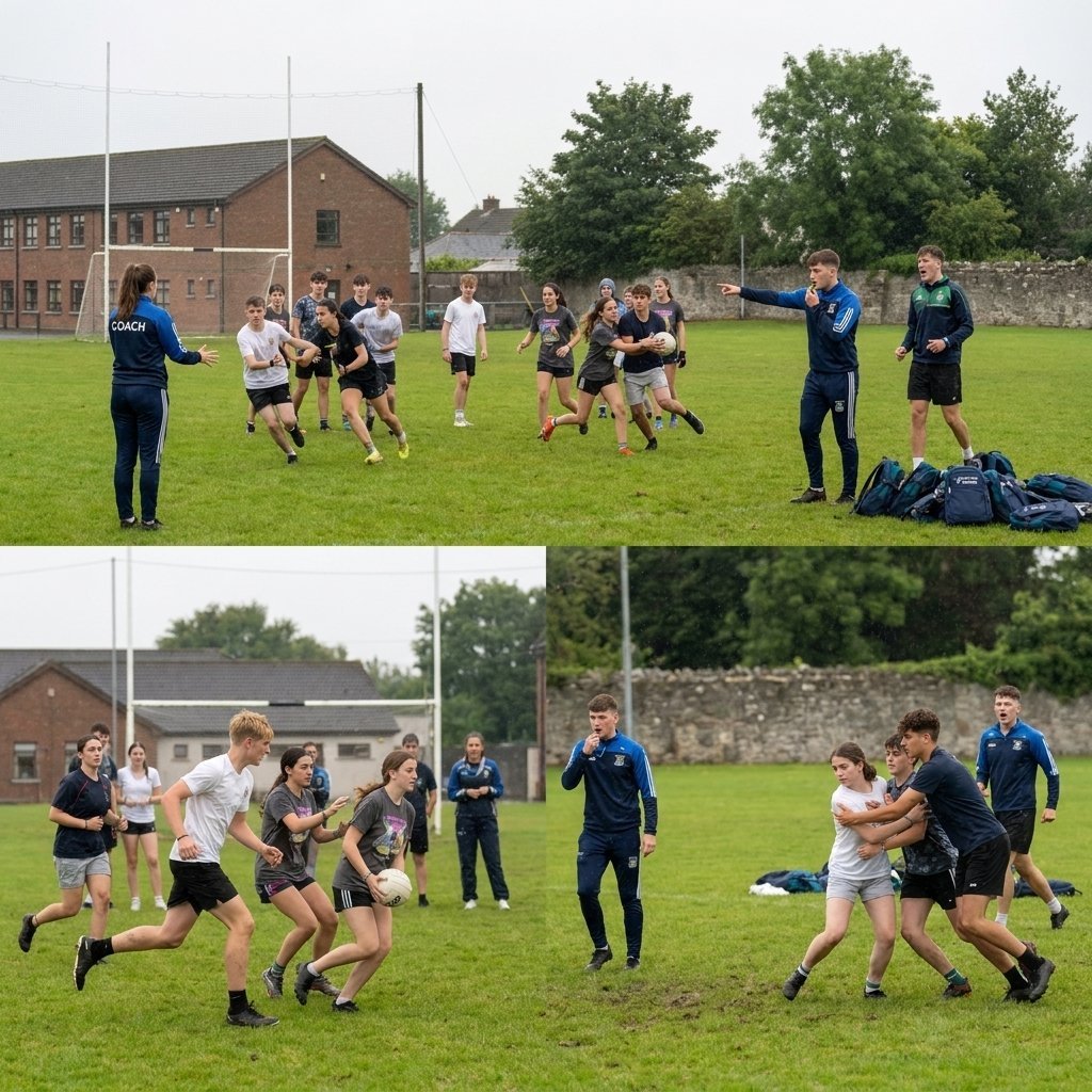 Young rugby players training on a grass field with coaches supervising, showing drills and contact practice during a session