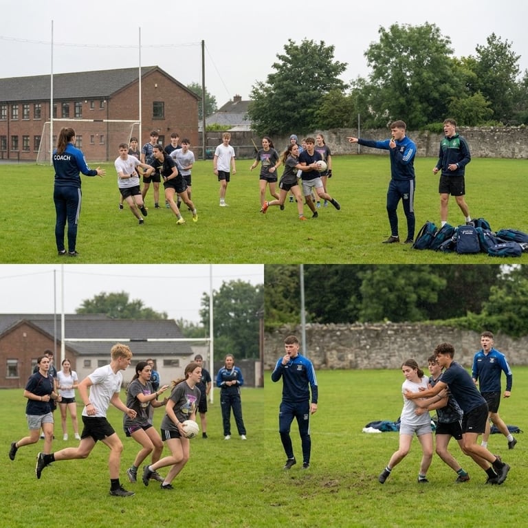 Young rugby players training on a grass field with coaches supervising, showing drills and contact practice during a session