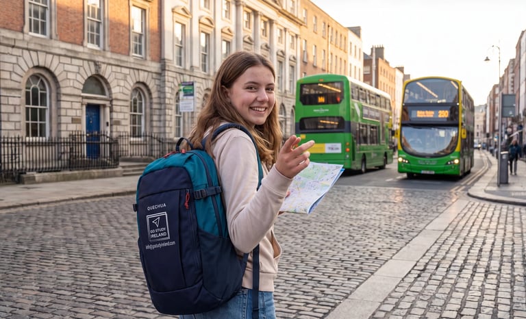 Smiling young woman with backpack standing on cobblestone street with green double-decker buses in background