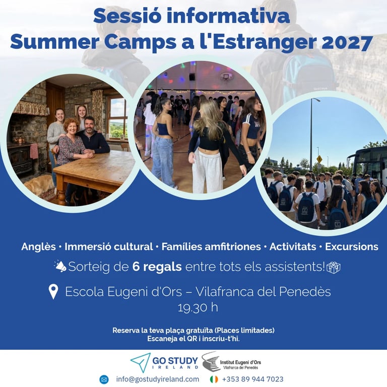 Promotional poster for Summer Camps at l'Estranger 2027 with event details and photos of participants