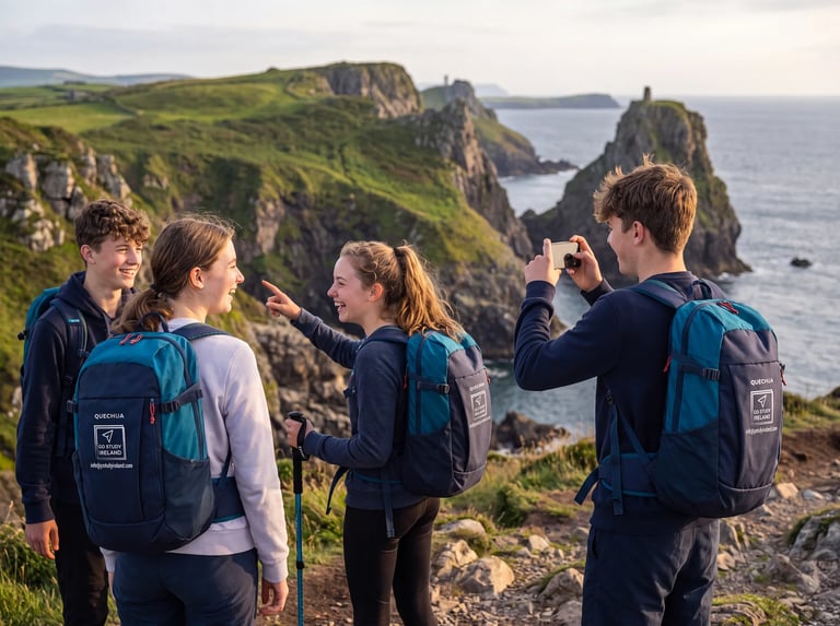 Group of hikers with backpacks standing on coastal cliffs overlooking dramatic sea stacks and green hillside