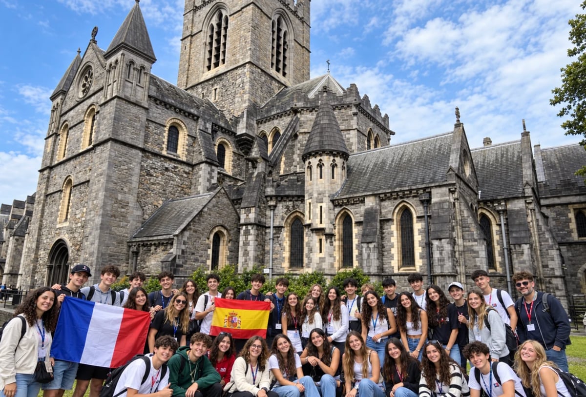 Large group of students posing with French and Spanish flags in front of a historic stone church with pointed spires