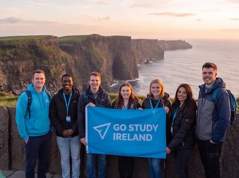 Group of students holding a GO STUDY IRELAND banner at the Cliffs of Moher at sunset