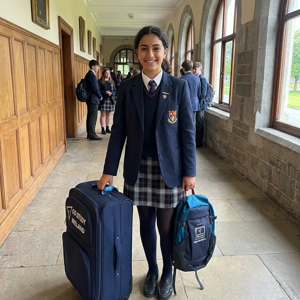 Student in school uniform holding luggage in a school hallway with other students in the background