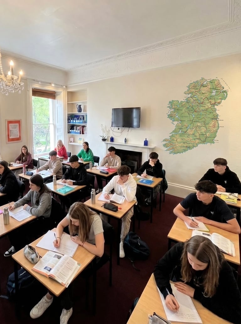A classroom with students seated at individual desks working on assignments, with a map of Ireland on the wall and a fireplace in the background