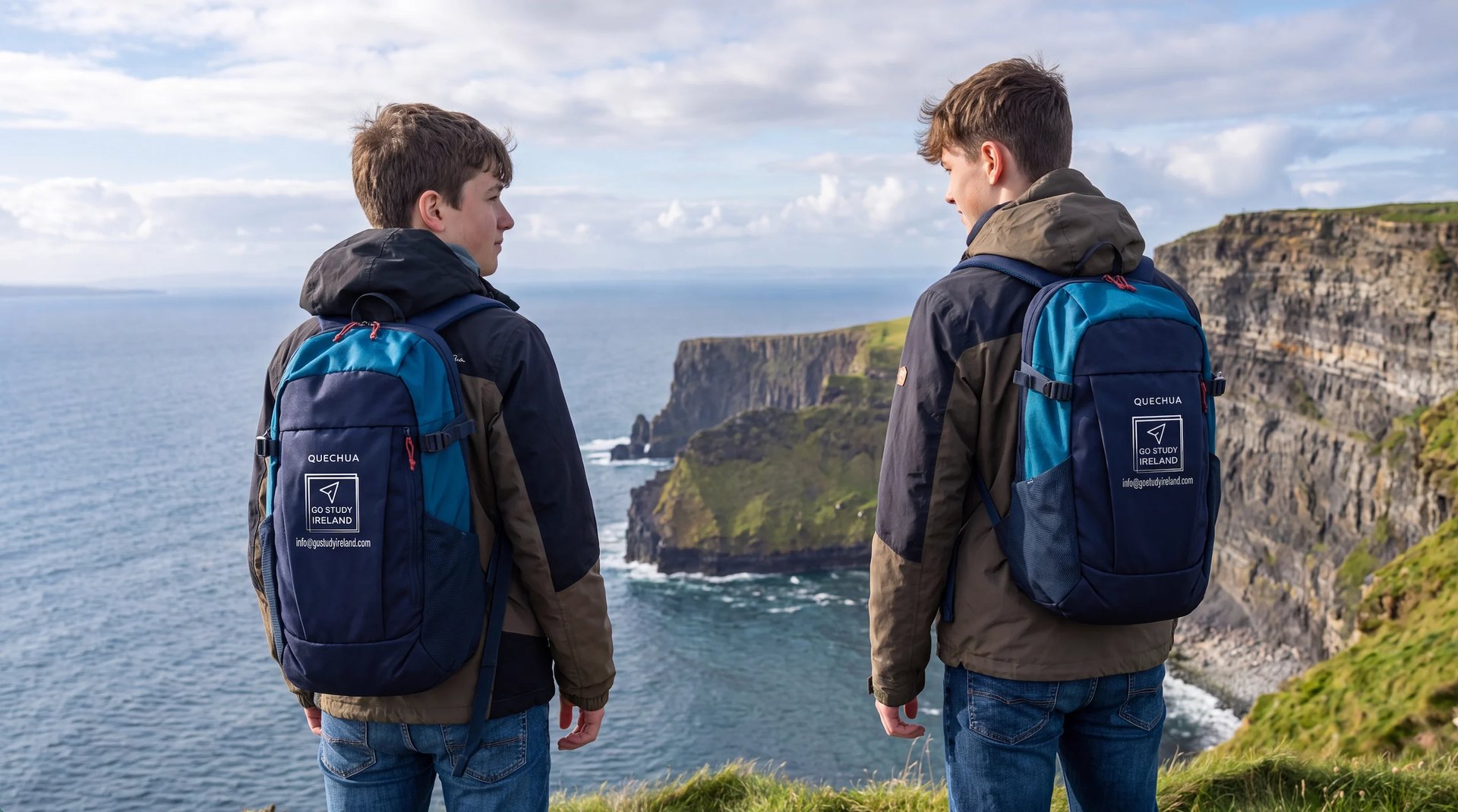 Two young hikers with backpacks overlooking dramatic coastal cliffs and ocean from a clifftop viewpoint