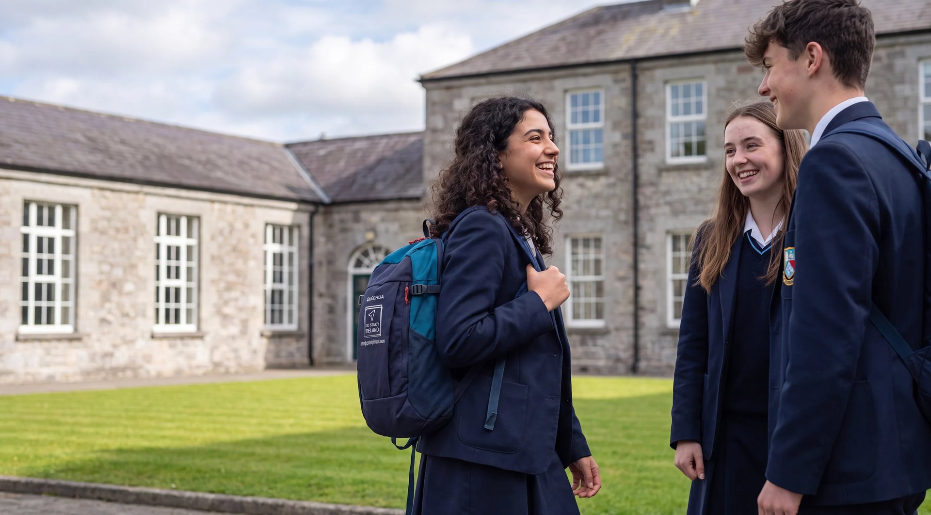 Three students in navy uniforms standing in front of a stone school building on a grassy courtyard