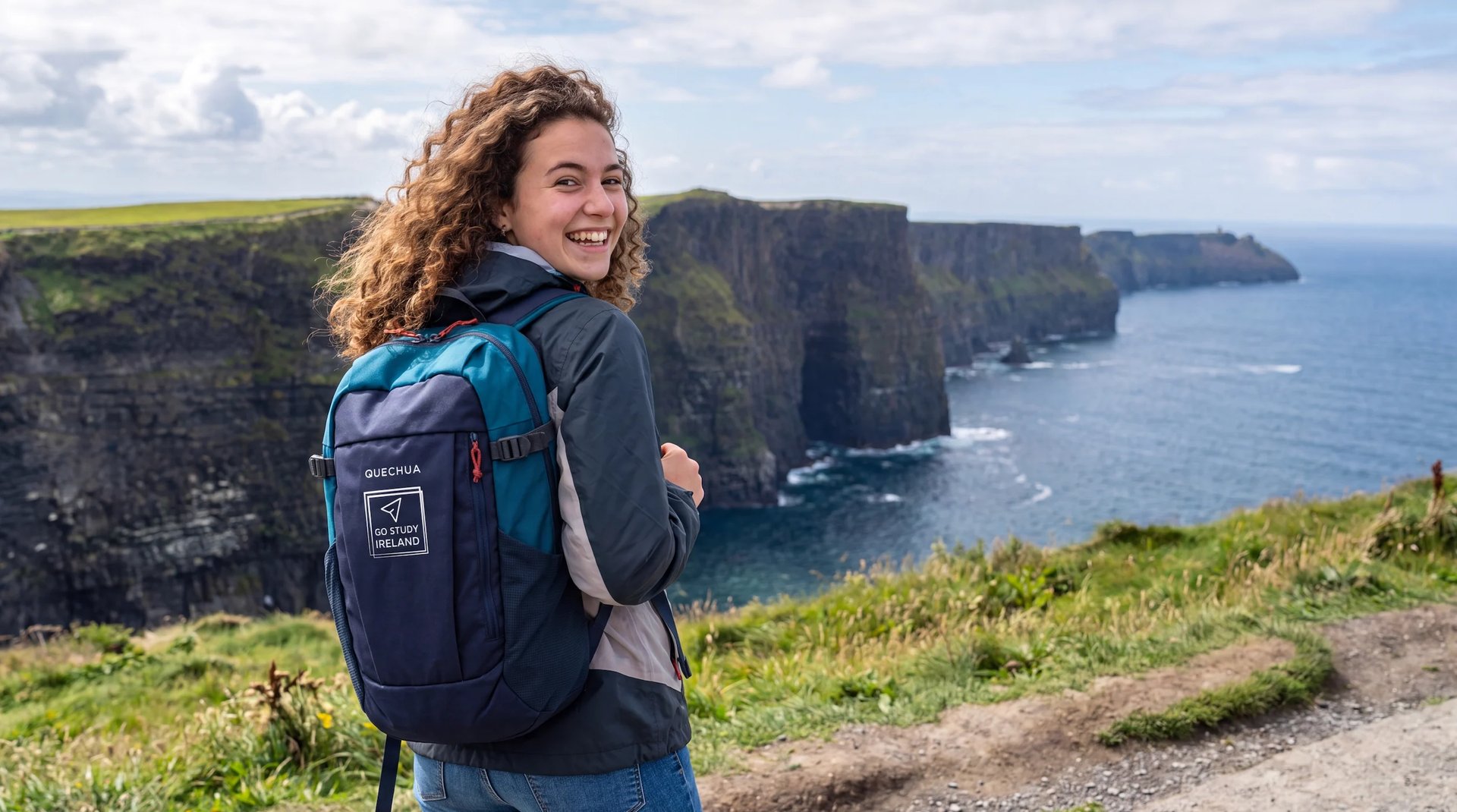 Woman with backpack smiling at camera overlooking dramatic coastal cliffs and ocean