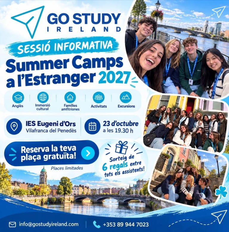 Go Study Ireland flyer for Summer Camps 2027 informational session showing students, venue details, and registration information