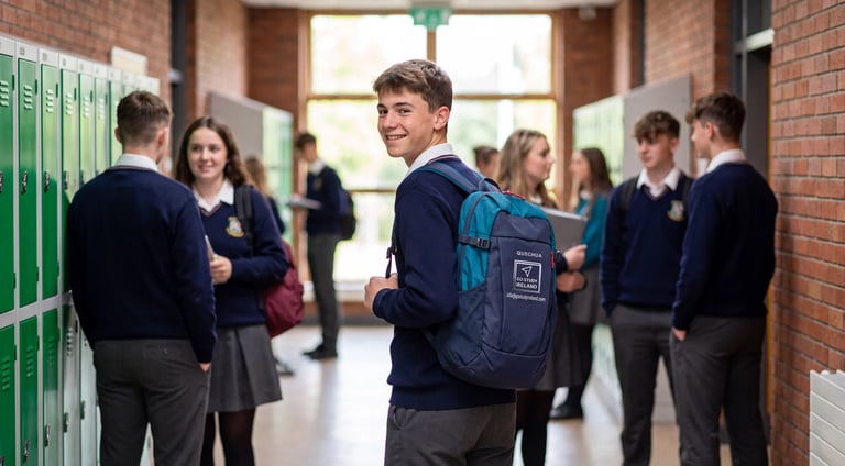 School hallway with students in uniform, boy in foreground wearing blue backpack smiling at camera, others in background by green lockers