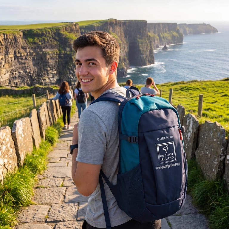 Man with blue backpack smiling at camera on clifftop path overlooking dramatic coastal cliffs and sea