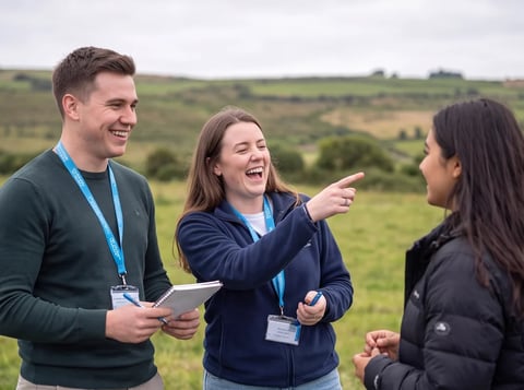 Three people wearing blue lanyards stand in a green field, smiling and conversing. One holds a clipboard.