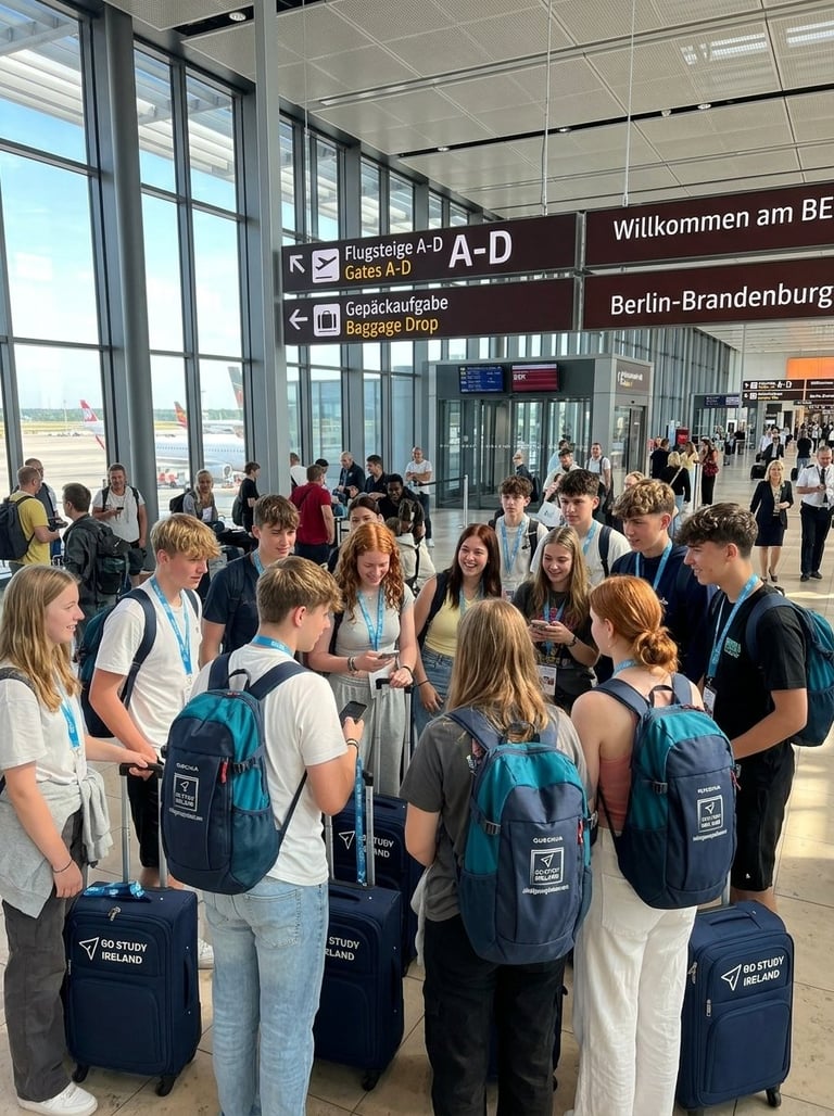 Group of young travelers with backpacks and luggage gathered in Berlin-Brandenburg airport terminal, checking in for flights