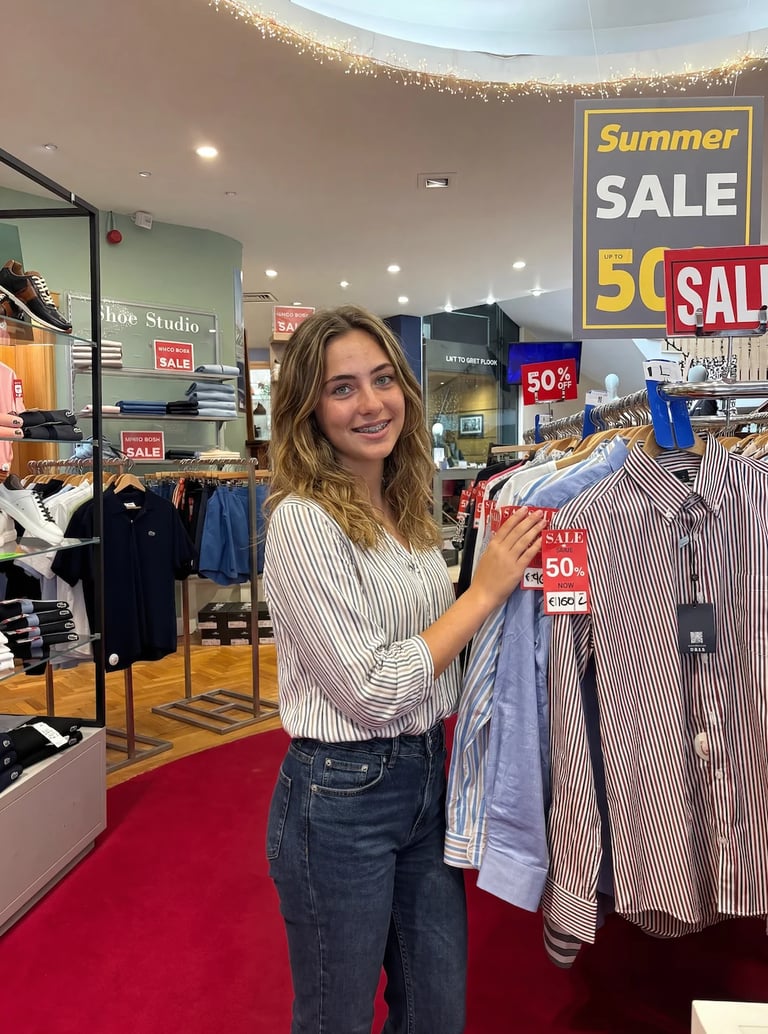 Woman shopping in clothing store during summer sale, holding striped shirt on hanger with 50% off signs visible