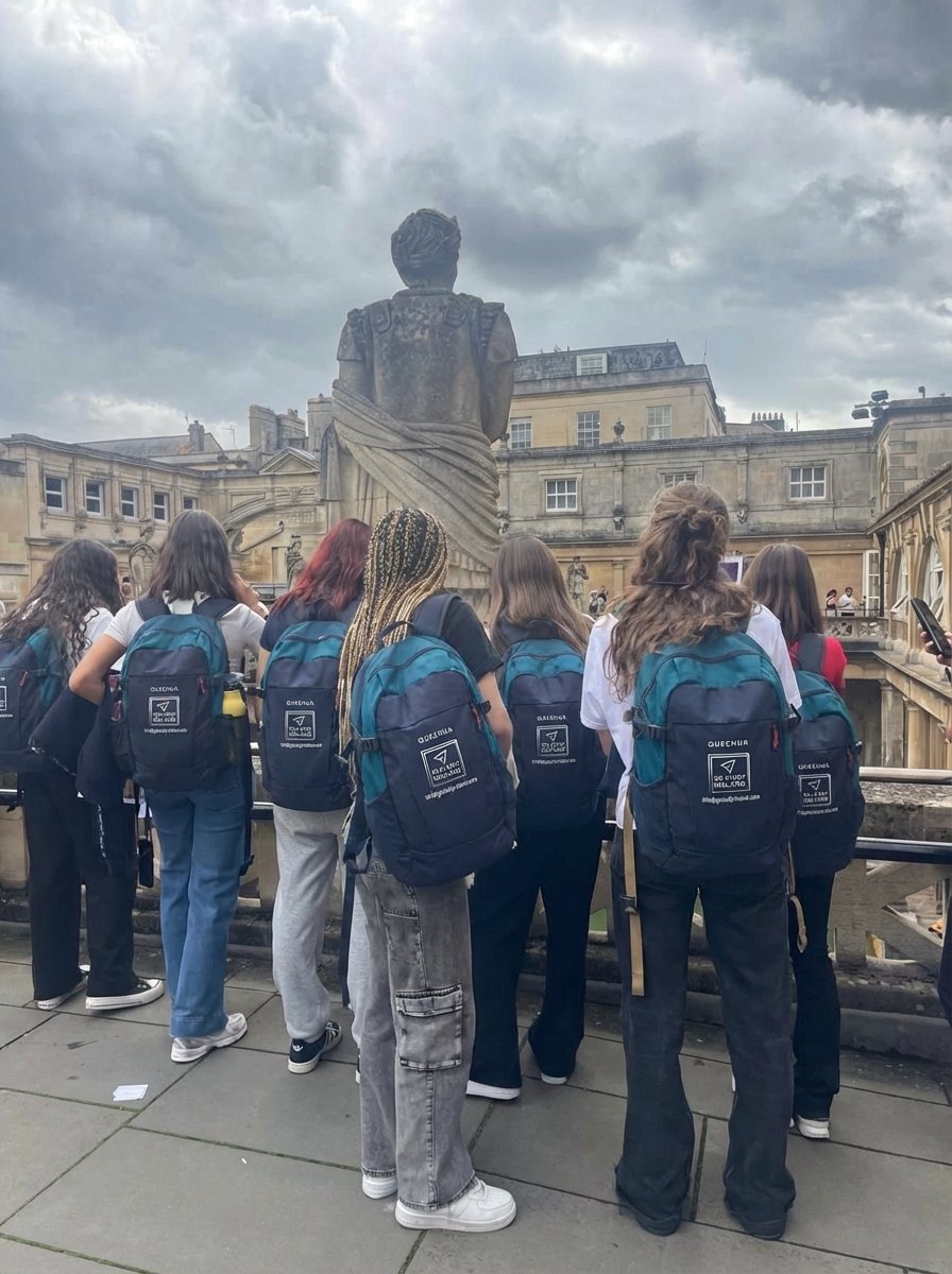 Group of students wearing blue backpacks viewing a statue on a rooftop overlooking historic stone buildings