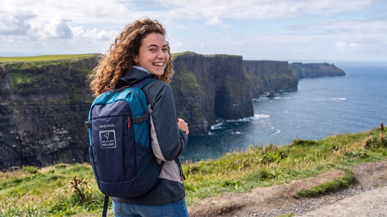 Woman with backpack smiling at scenic cliff overlook with ocean and dramatic rock formations in background