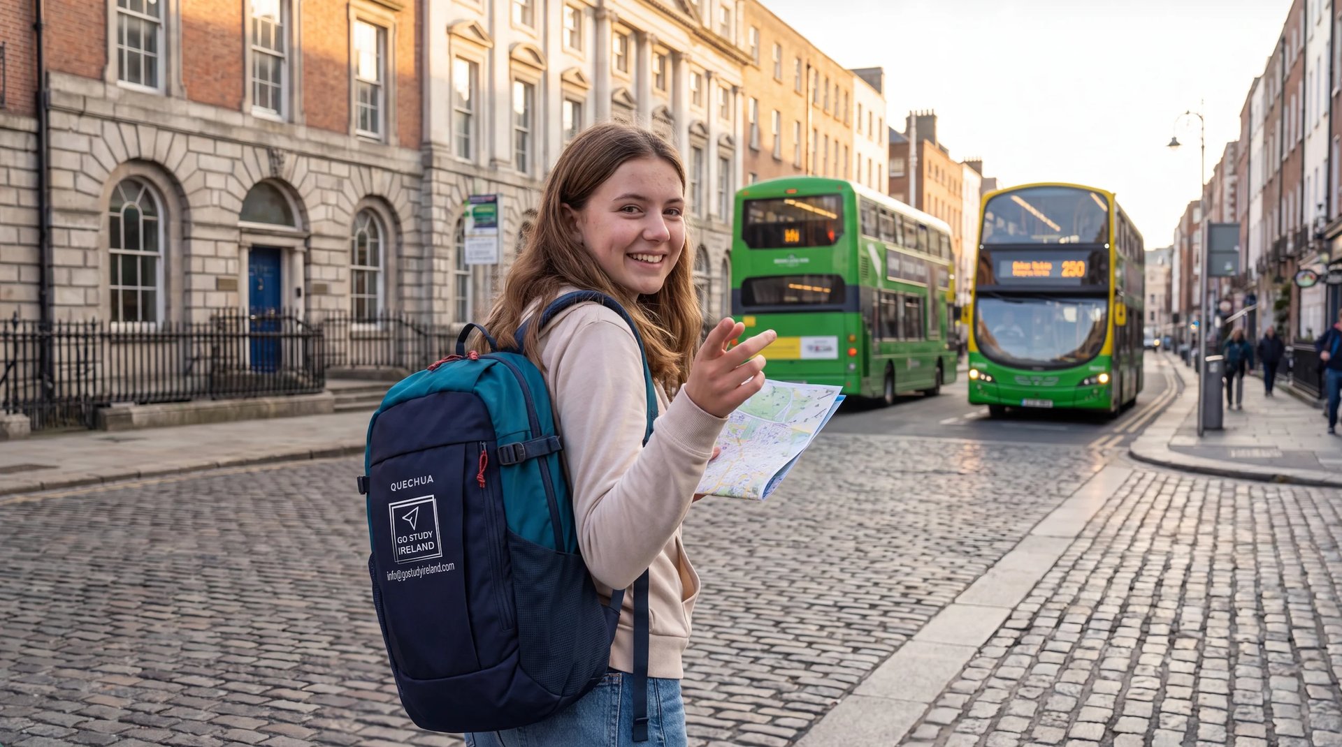 Young woman with backpack holding a map, smiling at camera on a London street with double-decker buses and historic architecture