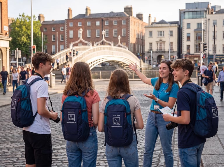 Group of young students with backpacks standing in a plaza near a historic stone bridge and Georgian architecture buildings