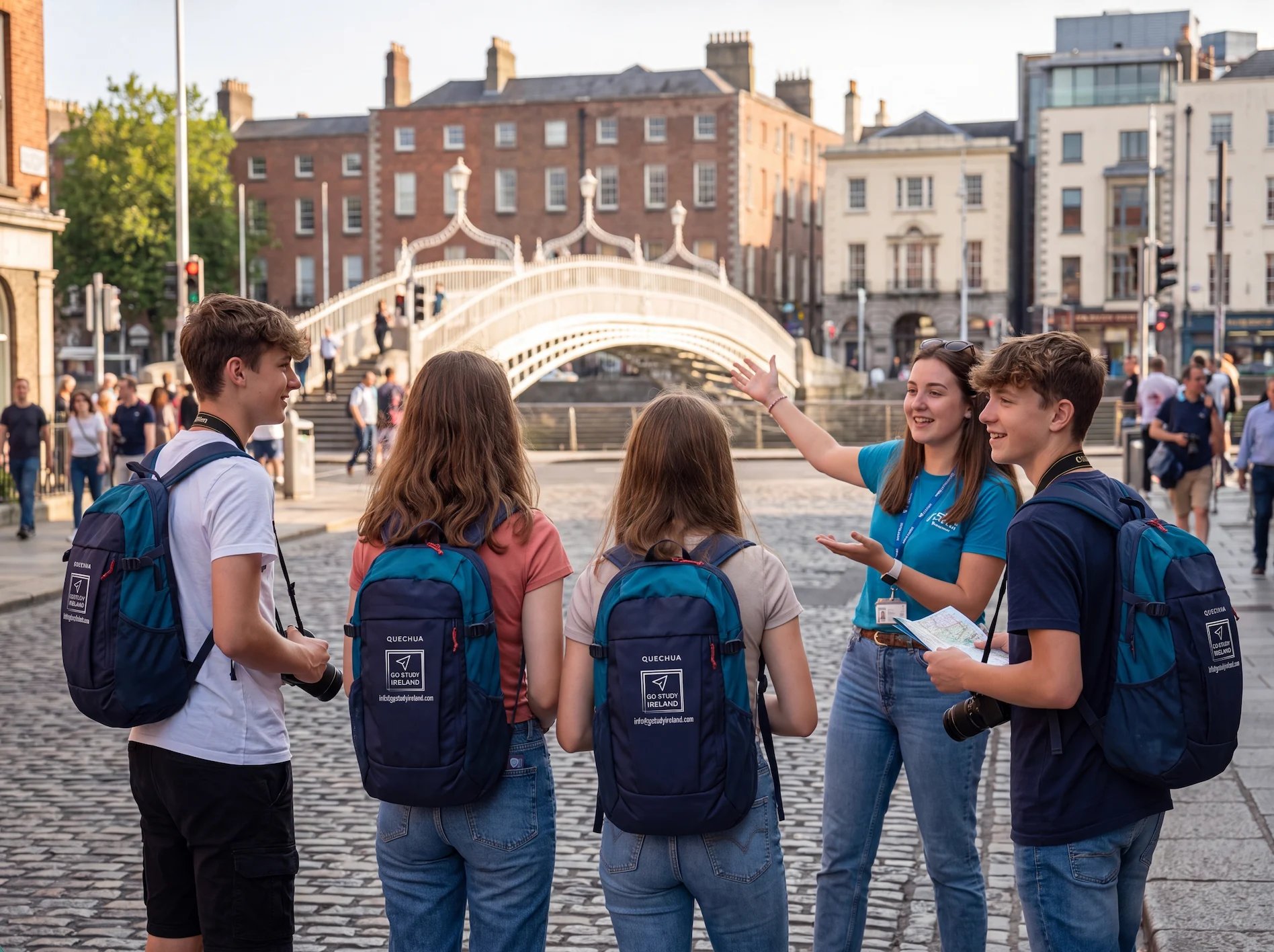 Group of young students with backpacks standing in a historic city square looking at a map, with an arched bridge and brick buildings in the background