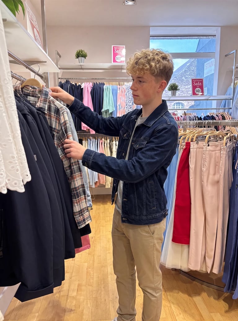 Young man shopping in retail clothing store, holding up a plaid shirt while browsing merchandise on racks.