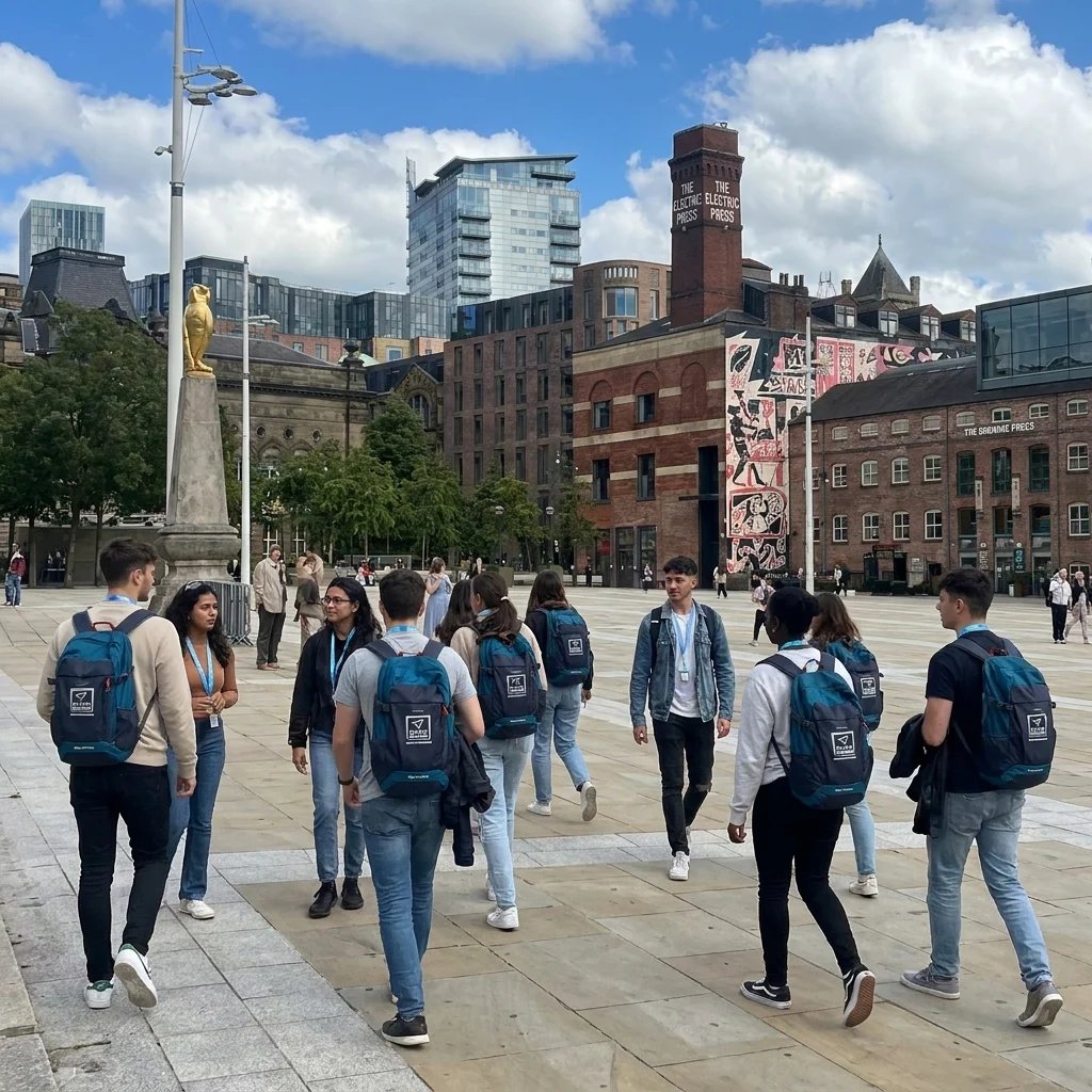 Group of young people walking in Leeds city center