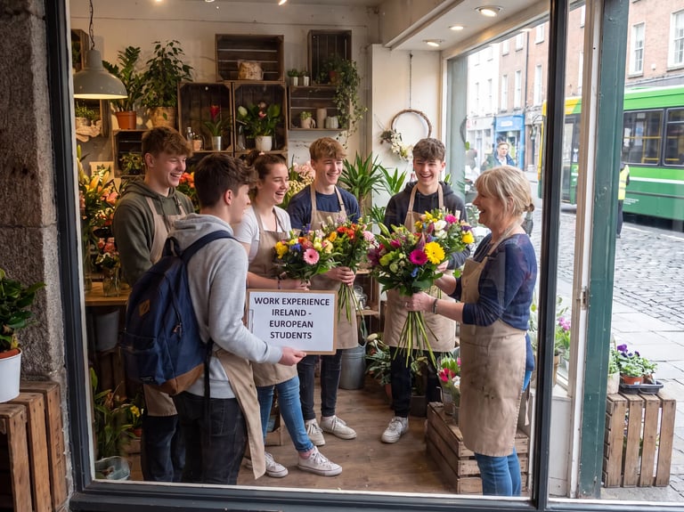 Group of people inside a flower shop holding a sign about work experience, surrounded by colorful floral arrangements and potted plants