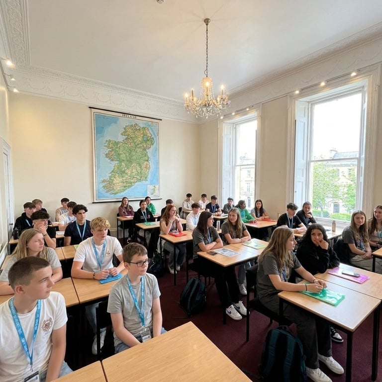 Large classroom full of students seated at individual desks wearing blue lanyards, with a map of Ireland on the wall and a crystal chandelier overhead