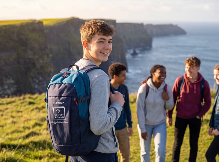Young man wearing backpack smiling at camera with group of people and coastal cliffs in background