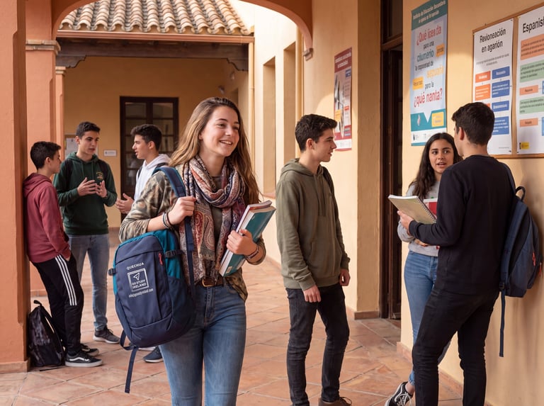 A teenage girl with a backpack holding a tablet stands in a school hallway with other students gathered around bulletin boards in the background.