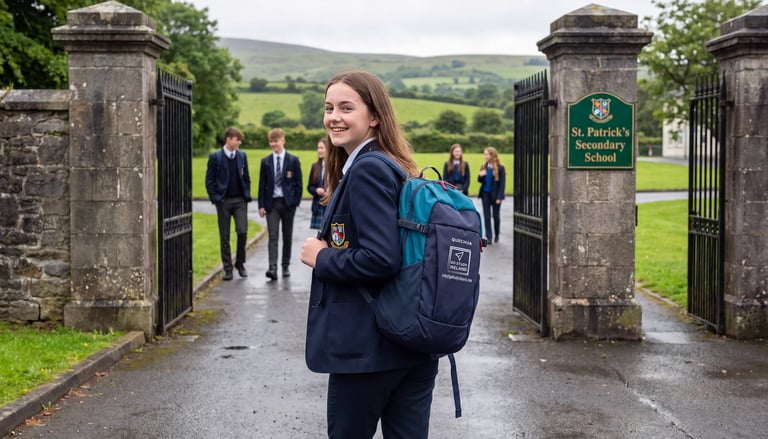 Student in school uniform with backpack standing at stone gates, with other students and rural landscape in background