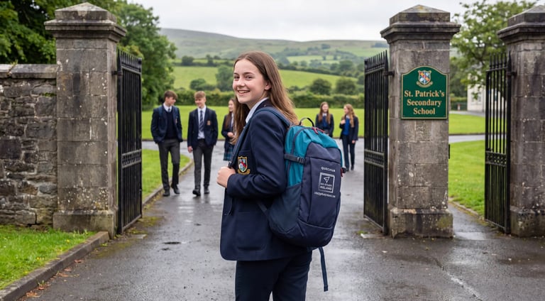 Student wearing school uniform and blue backpack standing at school entrance gates with other students in background