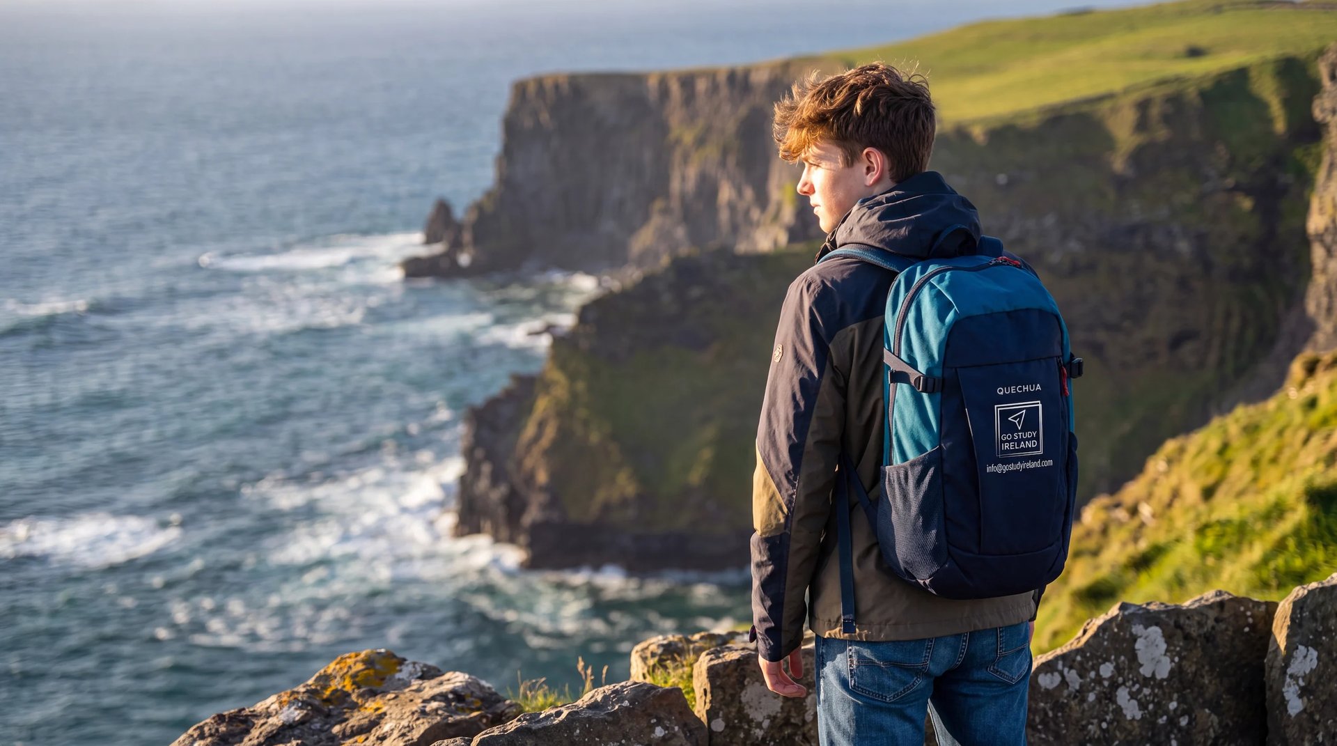 Hiker with blue backpack standing on coastal cliff overlooking rocky cliffs and sea below