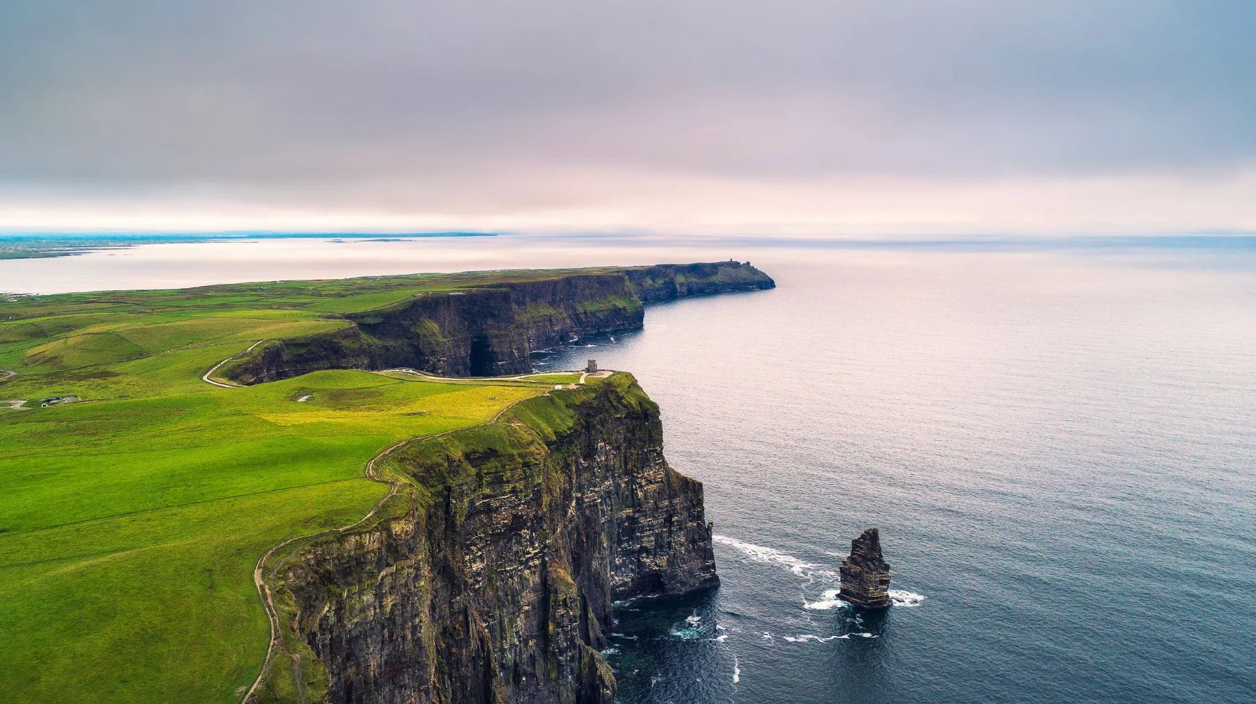 Aerial view of dramatic coastal cliffs meeting the sea, with green fields and a sea stack visible under a cloudy sky