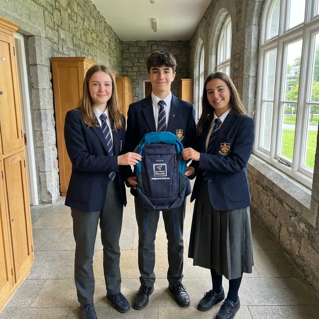 Three students in school uniforms holding a blue backpack in a stone-walled school corridor with large windows