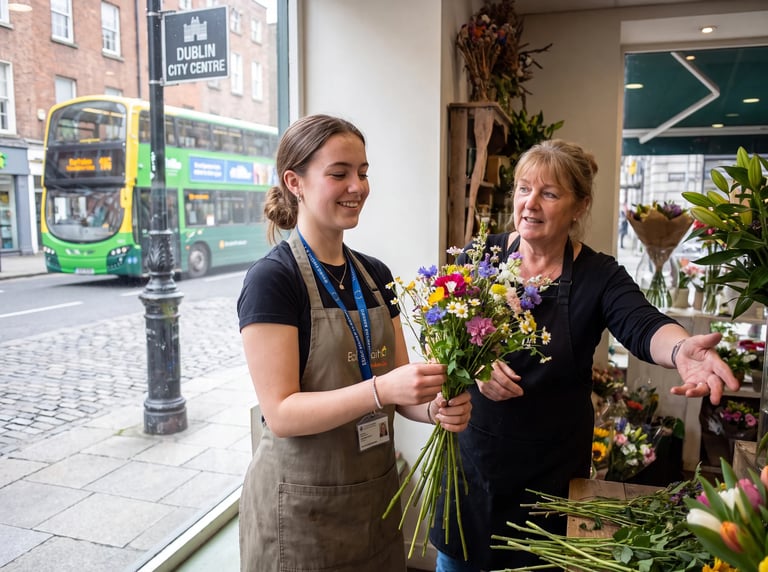 Florist in apron handing colorful flower bouquet to smiling customer inside flower shop on Dublin street