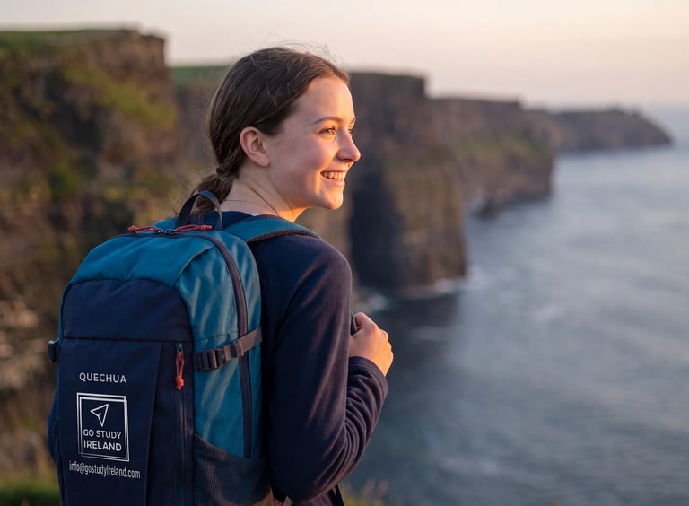 Woman with backpack smiling while overlooking dramatic coastal cliffs and ocean at sunset